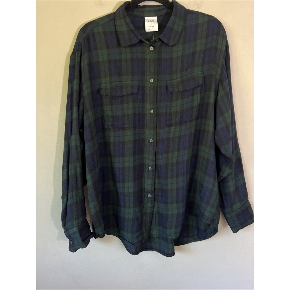 Gap Women's Long Sleeve Flannel The Big Shirt in Blackwatch Plaid Size M NEW